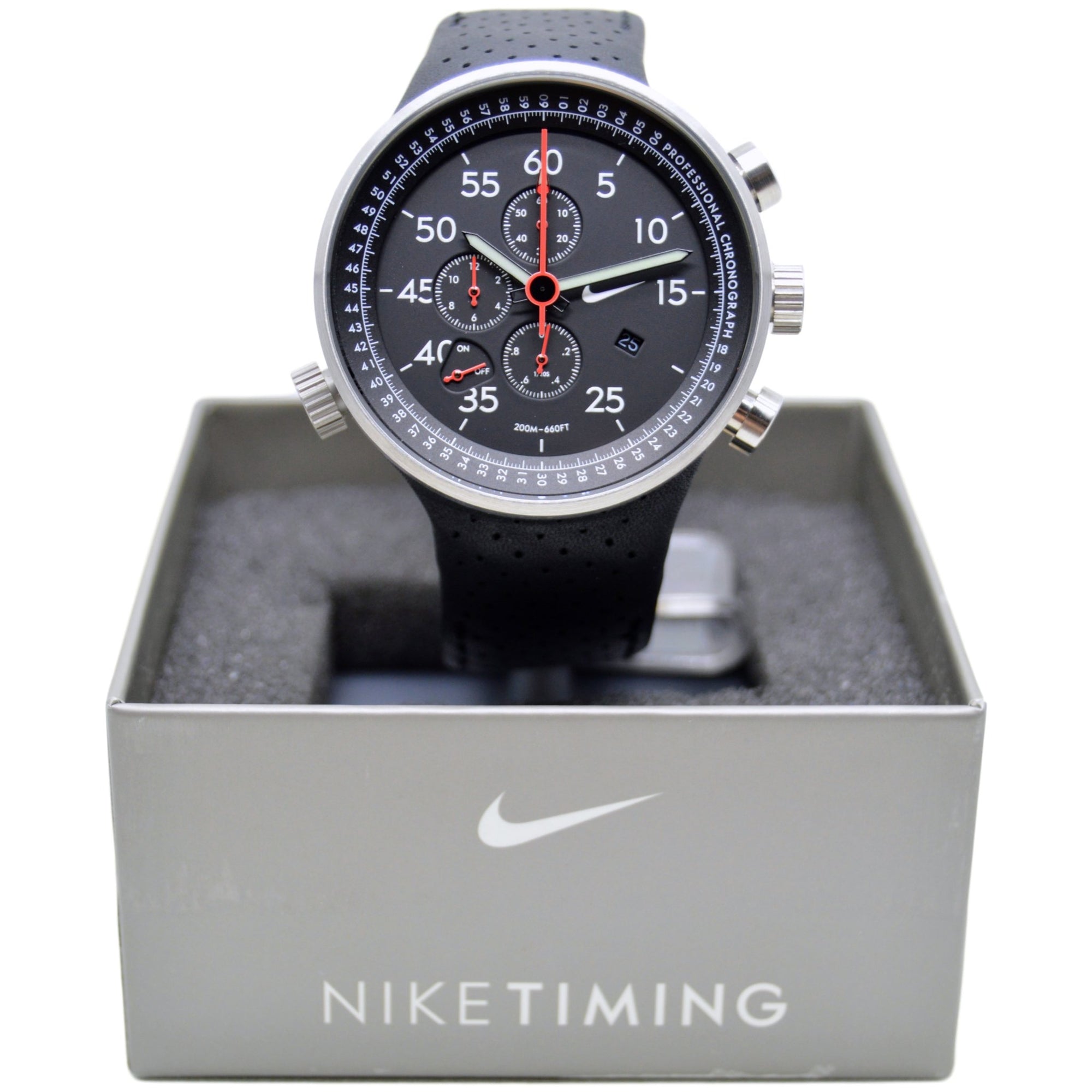Nike Heritage Alarm Chrono Black Leather Watch WC0054-001 Dial