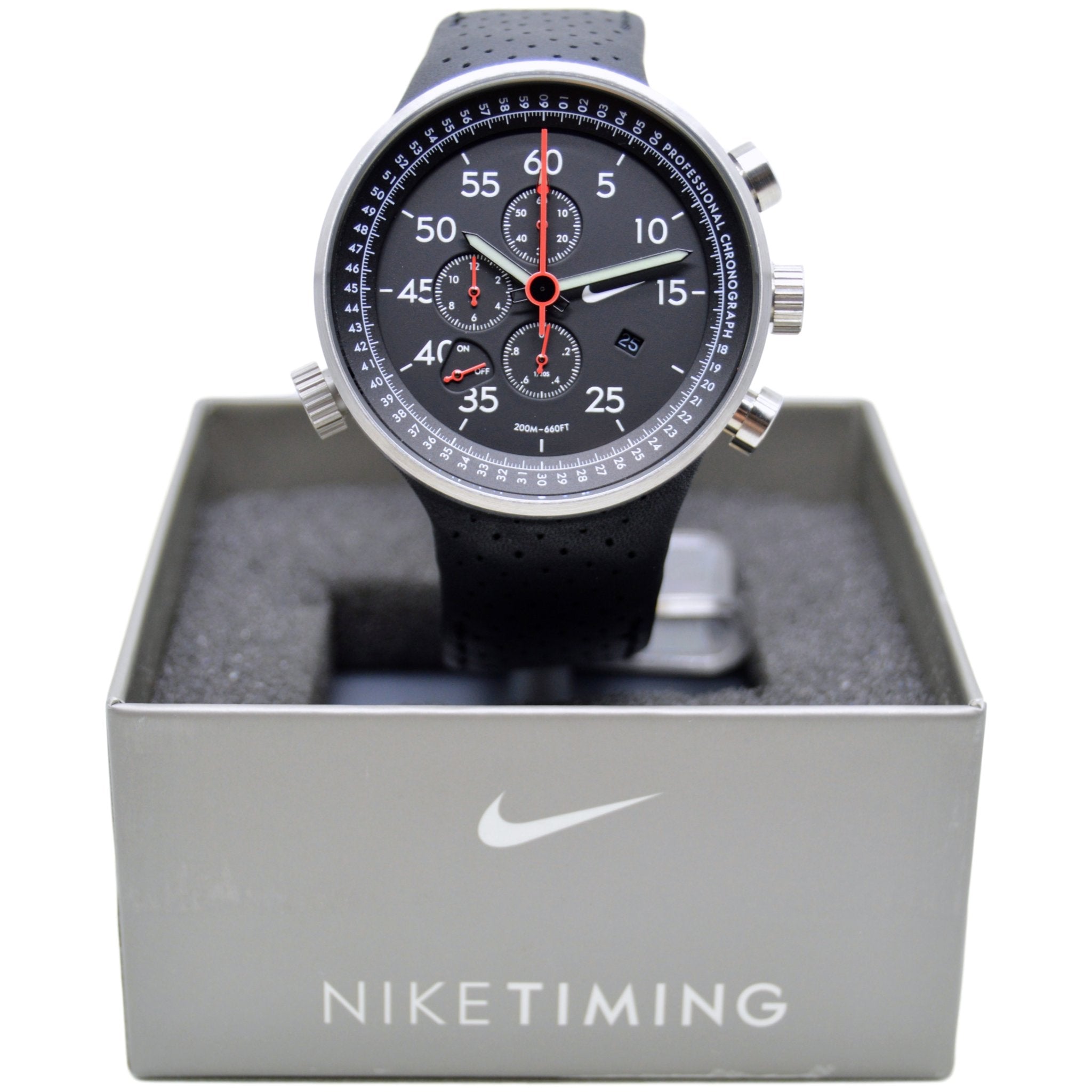 Nike Heritage Alarm Chrono Black Leather Watch WC0054-001 | Rare 