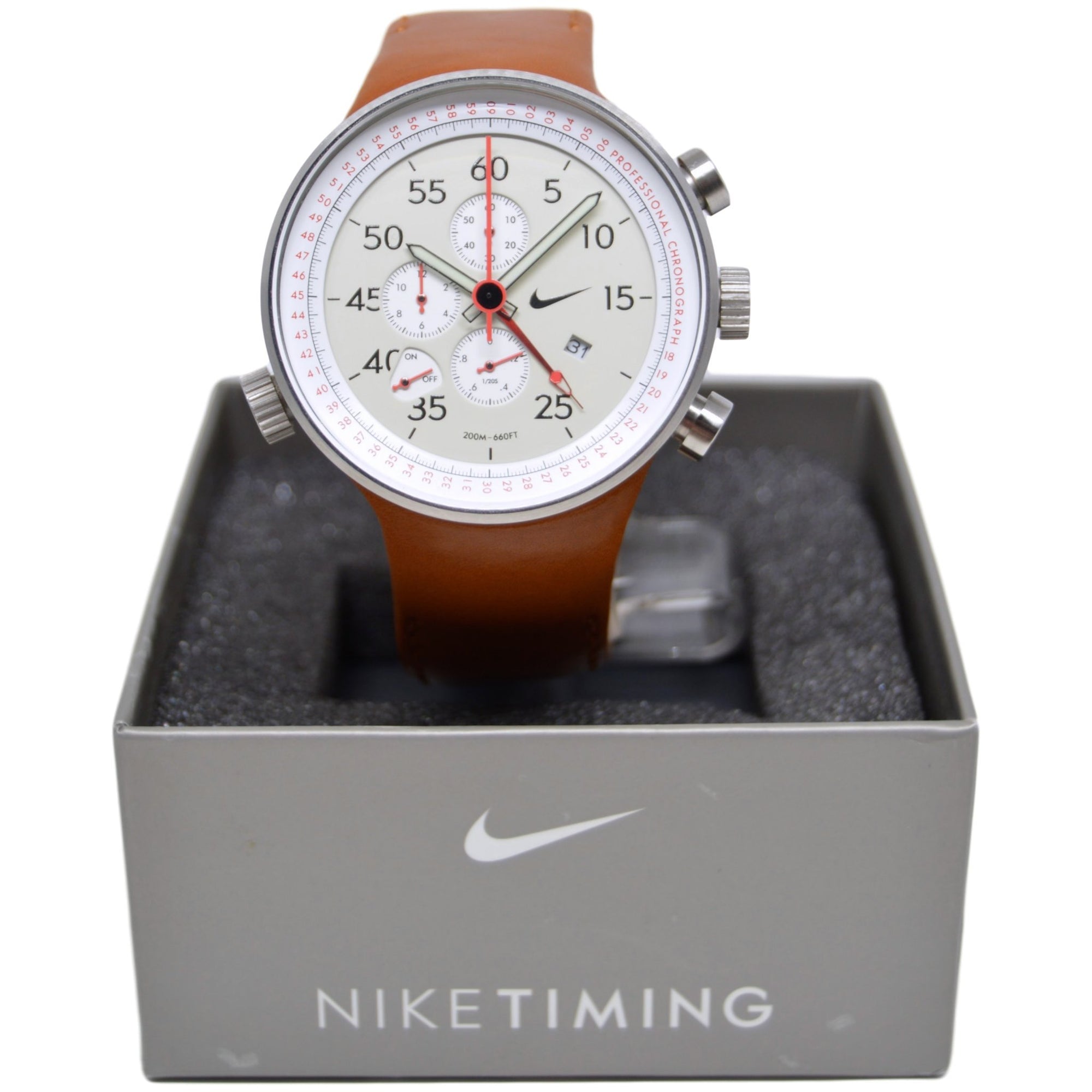 Nike Heritage Alarm Chrono Tan Leather Watch WC0054-251 Dial