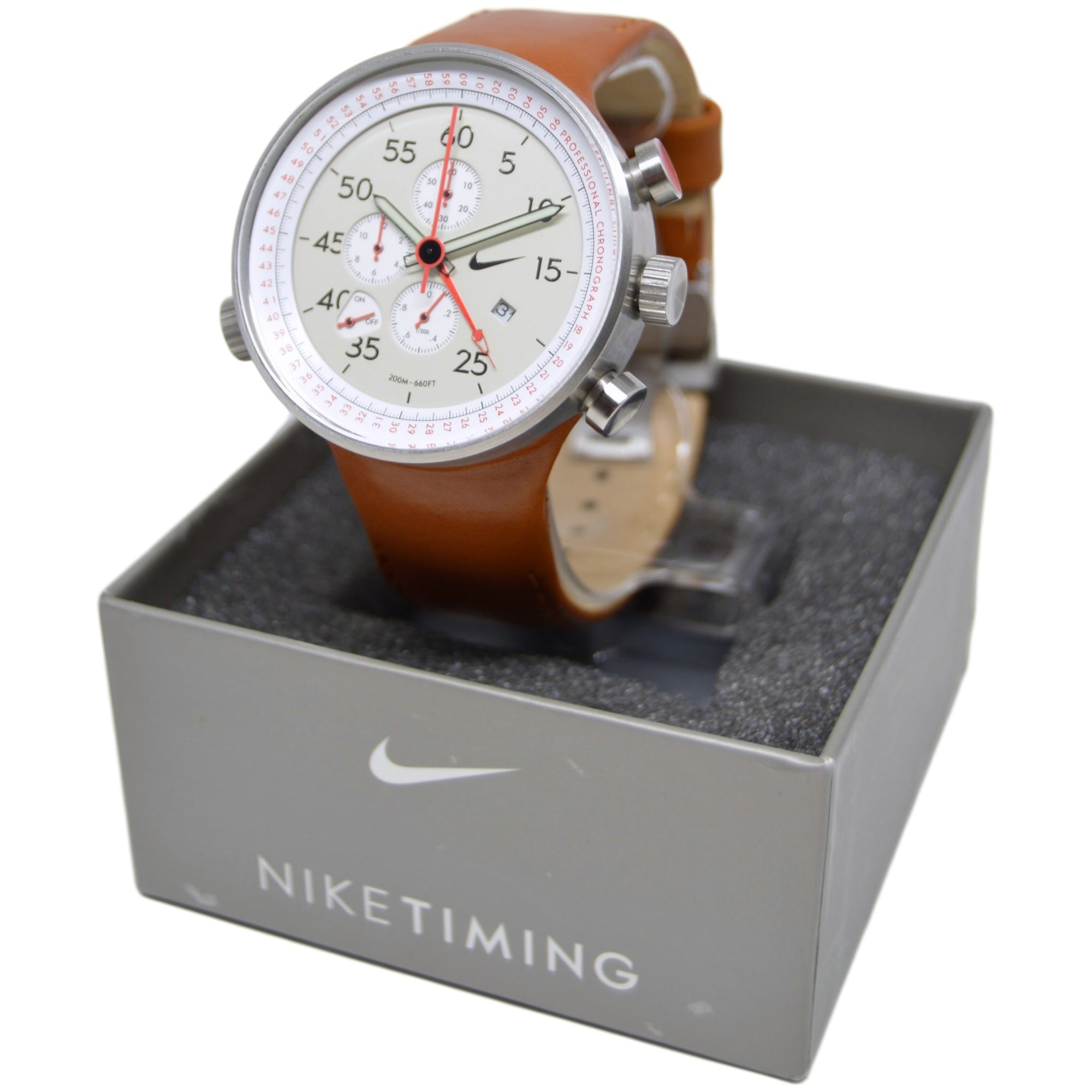 Nike Heritage Alarm Chrono Tan Leather Watch WC0054 251 Rare